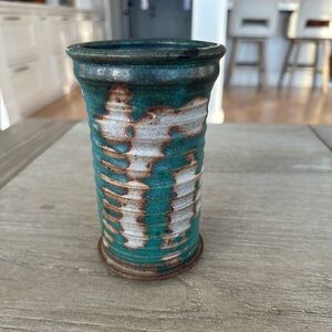 Studio Art Pottery Raku Vase 5.5” Green, White & Brown Signed